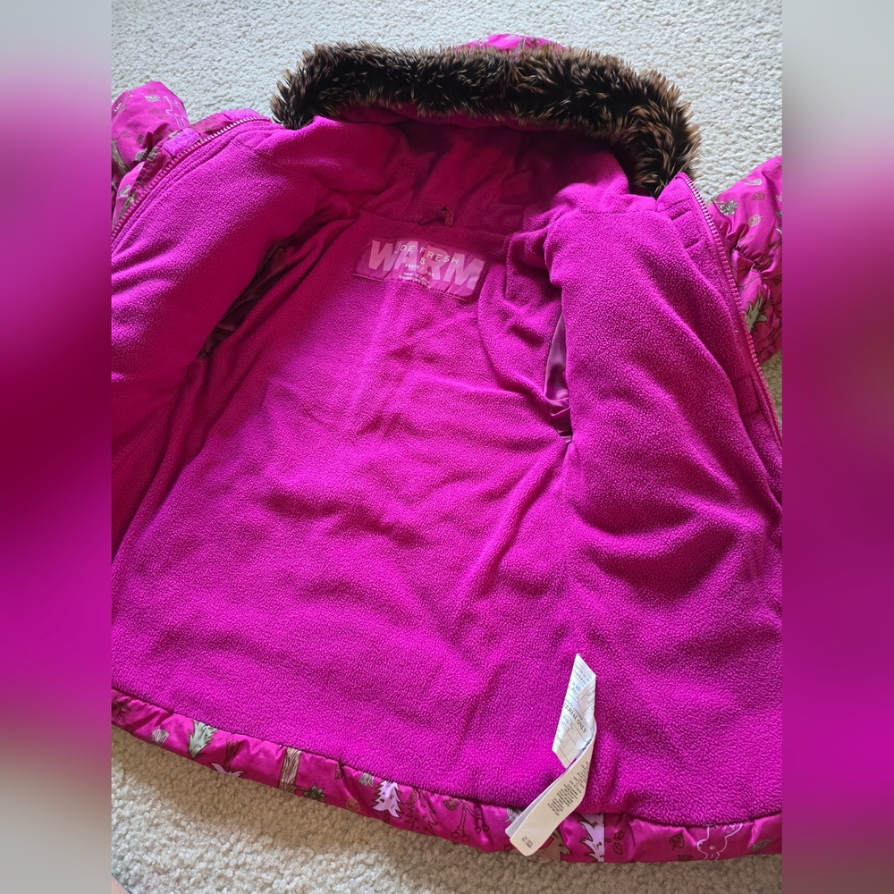 Joe Fresh Pink Floral Forest Print Puffer Jacket with Faux Fur Hood - Picture 5 of 8